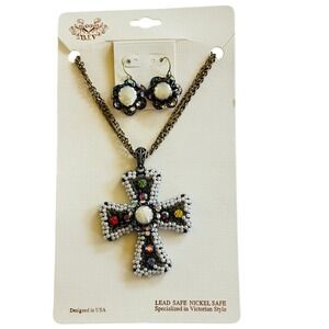 BLV Victorian Style matching Set Necklace Earrings Cross crystal pearl bronze
